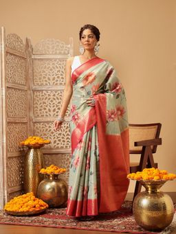 Silk Land - Banarasi Olive Digital Printed Woven Saree with Unstitched Blouse