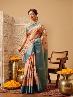Silk Land - Banarasi Peach Digital Printed Woven Saree with Unstitched Blouse