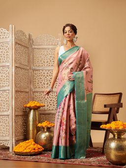 Silk Land - Banarasi Pink Soft Silk Digital Printed Woven Saree with Unstitched Blouse