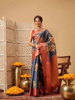 Silk Land - Banarasi Blue Soft Silk Digital Printed Woven Saree with Unstitched Blouse