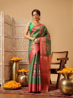 Silk Land - Banarasi Green Digital Printed Woven Saree with Unstitched Blouse