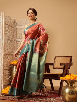 Silk Land - Banarasi Peach Digital Printed Woven Saree with Unstitched Blouse
