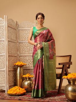Silk Land - Banarasi Pink Soft Silk Digital Printed Woven Saree with Unstitched Blouse