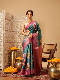 Silk Land - Banarasi Teal Soft Silk Digital Printed Woven Saree with Unstitched Blouse