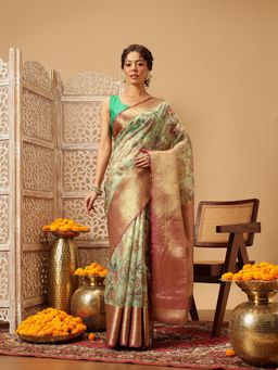 Silk Land - Green Floral Digital Printed Muga Silk Saree with Unstitched Blouse
