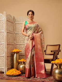 Silk Land - Pink Floral Digital Printed Muga Silk Saree with Unstitched Blouse