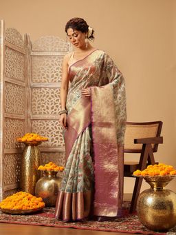 Silk Land - Teal Floral Digital Printed Muga Silk Saree with Unstitched Blouse