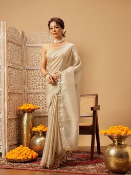Silk Land - Beige Solid Muga Checks with Gotta Patti Work Saree with Unstitched Blouse
