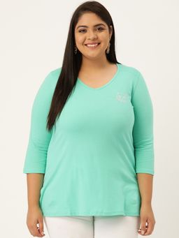 theRebelinme - Plus Size Women Sea Green Solid V-Neck T-Shirt