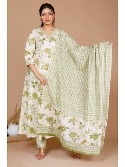Miravan - Womens Green Printed Anarkali Kurta with Pant & Dupatta (Set of 3)