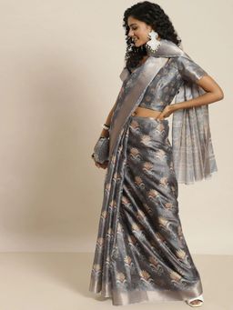 Odette - Women Grey Silk Blend Printed Saree with Unstitched Blouse