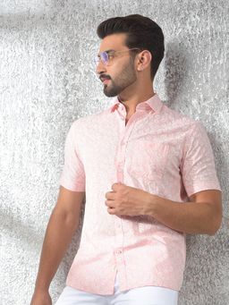 CRIMSOUNE CLUB - Mens Pink Floral Half Sleeves Collar Neck Casual Shirt