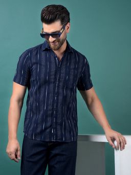 CRIMSOUNE CLUB - Men's Navy Blue Vertical Stripes Cotton Shirt