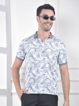 CRIMSOUNE CLUB - Men Grey Abstract Casual Polo T-Shirt