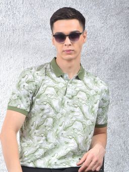 CRIMSOUNE CLUB - Men Green Abstract Casual Polo T-Shirt