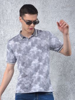 CRIMSOUNE CLUB - Men Grey Abstract Casual Polo T-Shirt