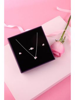 Ornate Jewels - Women Toi Et Moi 925 Silver Pink CZ Necklace With Earring & Ring Set