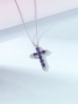 Ornate Jewels - Women 925 Silver Natural Blue Fissure Filled Sapphire Cross Necklace