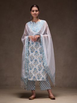 Jaipuri Banno - White Blue Printed Kurta with Pant and Dupatta