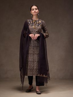Jaipuri Banno - Black Hand Block Printed Straight Line Kurta with Pant and Dupatta
