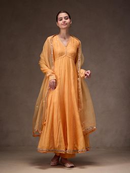Jaipuri Banno - Orange Chanderi Anarkali Embellished Kurta with Pant and Dupatta