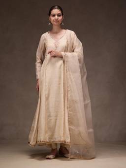 Jaipuri Banno - Beige Chanderi Anarkali Embellished Kurta with Pant and Dupatta