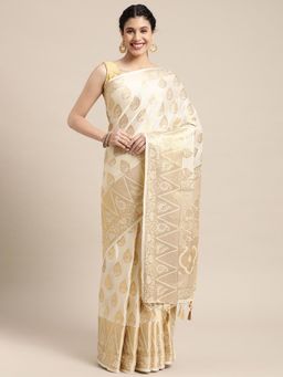 Mimosa - Women's Kanjivaram Crepe Off White Saree with Unstitched Blouse