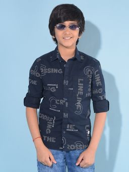 CRIMSOUNE CLUB - Boy's Navy Blue Typographic 100% Cotton Shirt