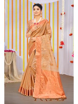 Sangam Prints - Beige Organza Woven Zari Work Traditional Tassel Saree with Unstitched Blouse