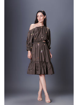 Deepika Arora - Olive Green Off-Shoulder Dress