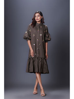 Deepika Arora - Olive Green Hand Embroidered Dress