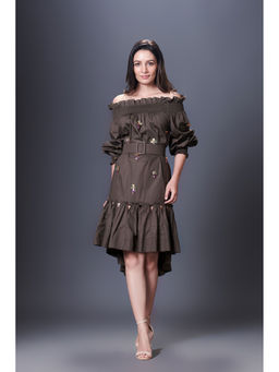 Deepika Arora - Olive Green High-Low Dress (Set of 2)