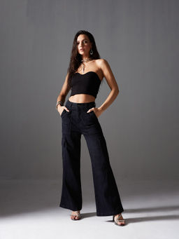 Miss Chase - Women Black Wide-Leg High-Rise Regular Stretchable Denim Cargo Jeans