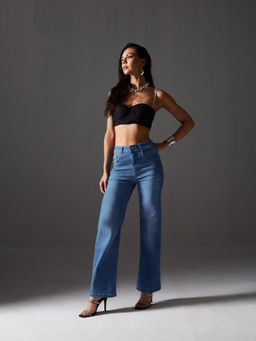 Miss Chase - Women Light Blue Wide-Leg Mid Rise Regular Light Weight Denim Jeans