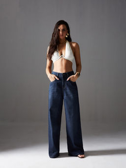 Miss Chase - Women Navy Blue Wide-Leg High-Rise Clean-Look Regular-Length Denim Jeans