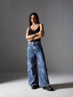 Miss Chase - Women Navy Blue Wide-Leg High-Rise Regular-Length Denim Jeans