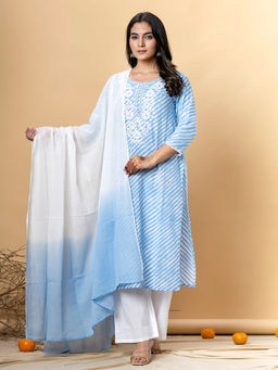 Readiprint - Straight Cotton Blue Kurta with Pant & Dupatta (Set of 3)