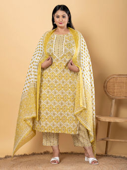 Readiprint - Straight Cotton Green Kurta with Pant & Dupatta (Set of 3)