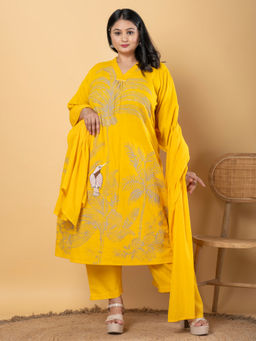 Readiprint - Cotton Flex Yellow Anarkali Kurta with Pant & Dupatta (Set of 3)