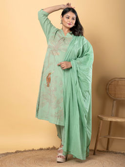 Readiprint - Cotton Flex Green Anarkali Kurta with Pant & Dupatta (Set of 3)