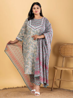 Readiprint - Straight Cotton Sea Green Kurta with Pant & Dupatta (Set of 3)