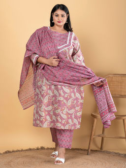Readiprint - Straight Cotton Pink Kurta with Pant & Dupatta (Set of 3)