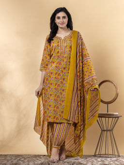 Readiprint - Straight Cotton Mustard Kurta with Salwar & Dupatta (Set of 3)