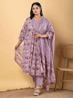 Readiprint - Cotton Blend Mauve Anarkali Kurta with Pant & Dupatta (Set of 3)