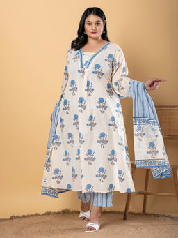Readiprint - Straight Cotton Blend Cream Kurta with Pant & Dupatta (Set of 3)