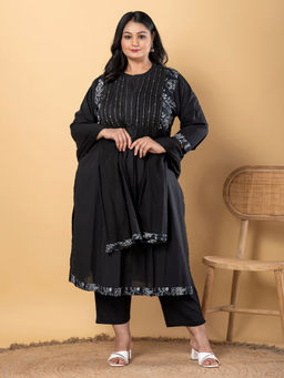Readiprint - Straight Cotton Black Kurta with Pant & Dupatta (Set of 3)