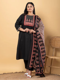 Readiprint - Cotton Black Anarkali Kurta with Pant & Dupatta (Set of 3)