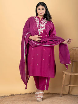 Readiprint - Straight Cotton Flex Magenta Kurta with Pant & Dupatta (Set of 3)