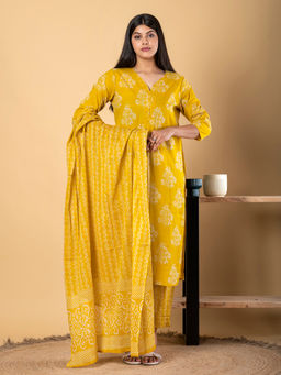 Readiprint - Straight Cotton Yellow Kurta with Pant & Dupatta (Set of 3)
