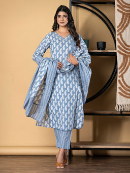 Readiprint - Straight Cotton Grey Kurta with Pant & Dupatta (Set of 3)